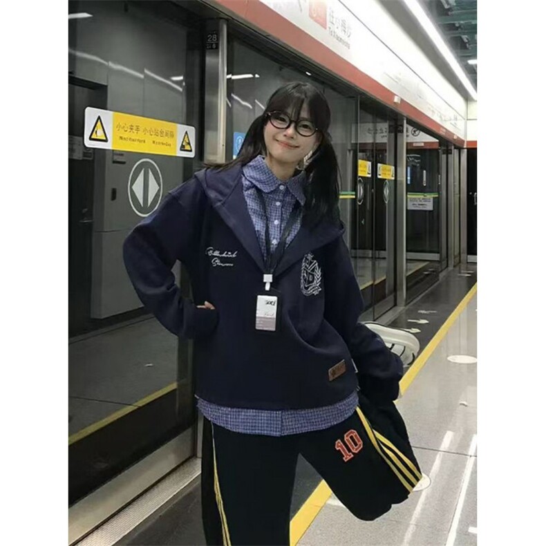 5556-P62原版做工压线+刺绣+广州格子假两件休闲卫衣,女装卫衣/绒衫,星座617A-2