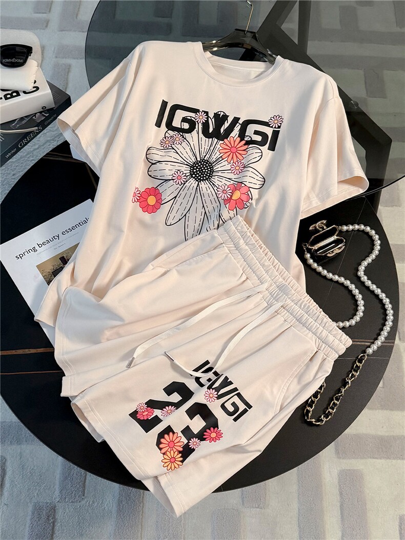 时尚休闲运动套装女夏季新款韩版宽松显瘦印花短袖阔腿短裤两件套,女装套装/套裙,江南