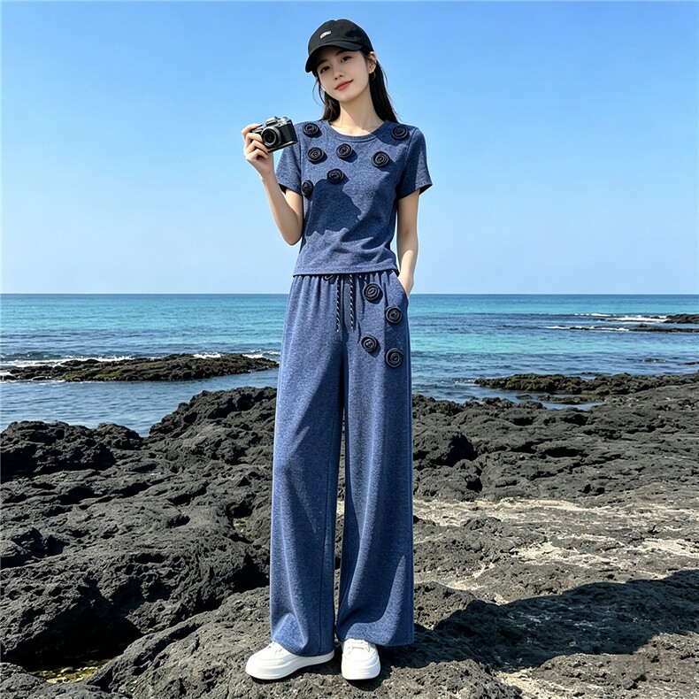 欧货时尚休闲运动套装夏季新款圆领立体花朵上衣直筒长裤两件套潮,女装套装/套裙,江南