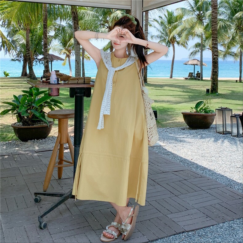 2025巨好看的黄色减龄连衣裙女夏季新款松弛感韩系抽绳无袖A字裙图片