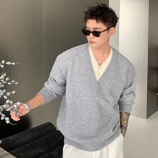 韩系假两件拼接V领毛衣男款秋季高智感慵懒针织衫老钱风复古外套，男装针织衫/毛衣，星座410-7