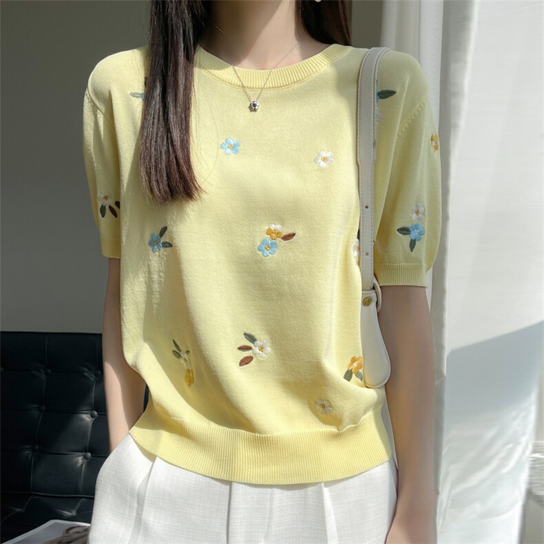 重工刺绣针织短袖t恤女夏季薄款2023新款小香风内搭冰丝半袖打底,女装T恤,菲奥羊绒