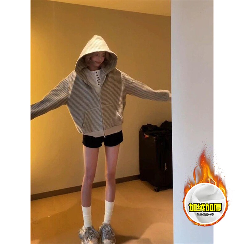 480G重磅加绒硬挺boxy男女秋冬美式高街条纹毛呢卫衣开衫厚外套,女装短外套,电商A486-1