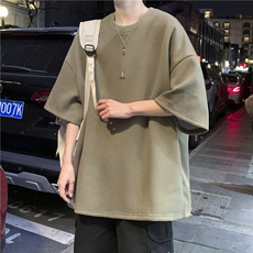 ins潮华夫格纯色圆领T恤金属小标短袖上衣JK23260-p28-控39，男装T恤，星座605(原A050)