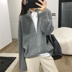 时尚女装半高领拉链开衫 宽松显瘦针织衫 百搭休闲毛衣外套图片