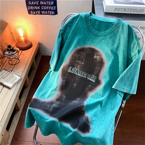XZ213-T99-P45控58 港风大码水洗做旧创意印花圆领短袖T恤五分袖图片
