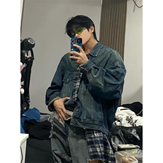 【有货】假两件牛仔外套男春秋格子衬衫拼接工装夹克JK8624HH-P85，男装夹克，星座1007（原301D）