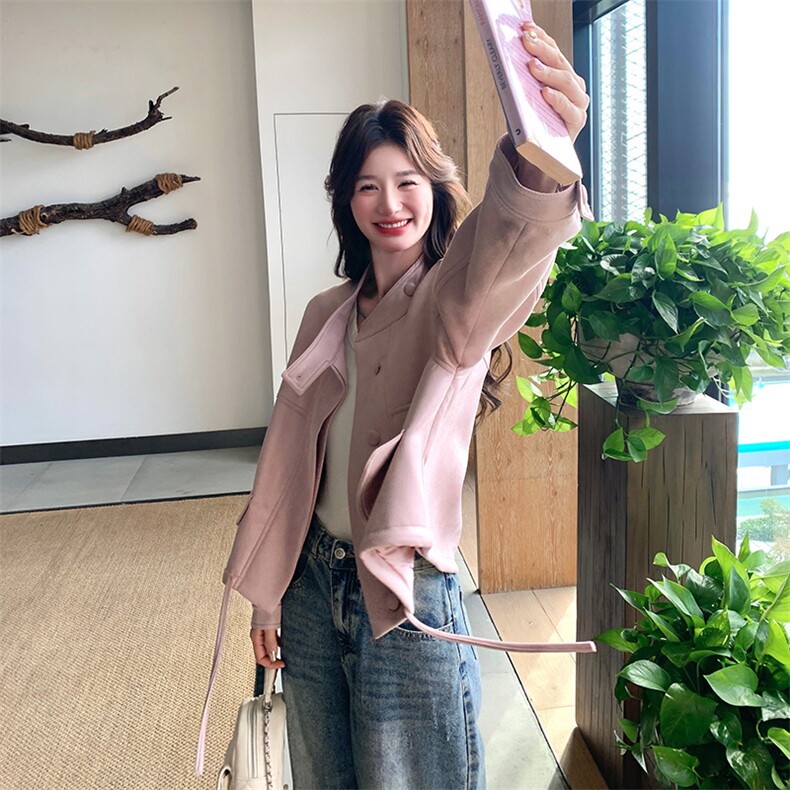 粉色短款皮衣外套女2025春季新款韩系可盐可甜减龄小个子PU皮夹克,女装短外套,2C239