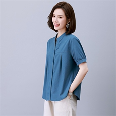 时尚棉麻短袖上衣女宽松显瘦百搭气质V领衬衫，女装衬衫，依恋蒂丝