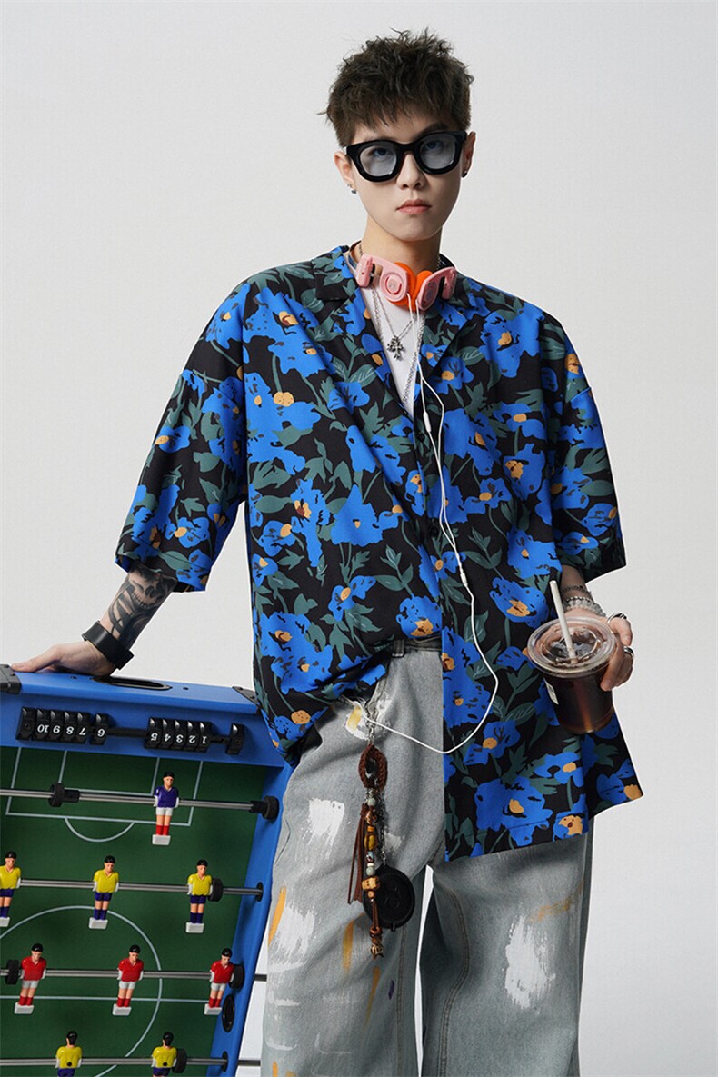 8XL-M冰丝凉感衬衣垂感透气复古花纹宽松男五分袖短袖衬衫CS526,男装衬衫,电商D206-1