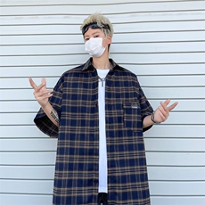 2024夏季新款潮牌宽松短袖衬衣复古拼接格子衬衫男现货W8247-P43，男装衬衫，星座512-4