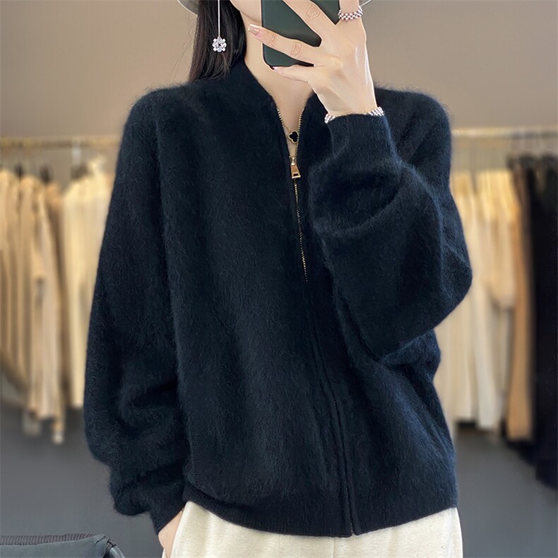 优雅女士纯山羊绒宽松拉链开衫外套,女装羊绒衫,臻维羊绒