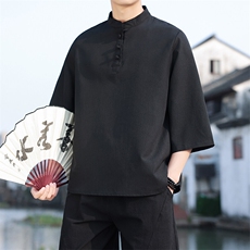 2025新款夏季风纯色立领上衣盘扣休闲T恤宽松潮流男T2505-P45，男装T恤，电商A008