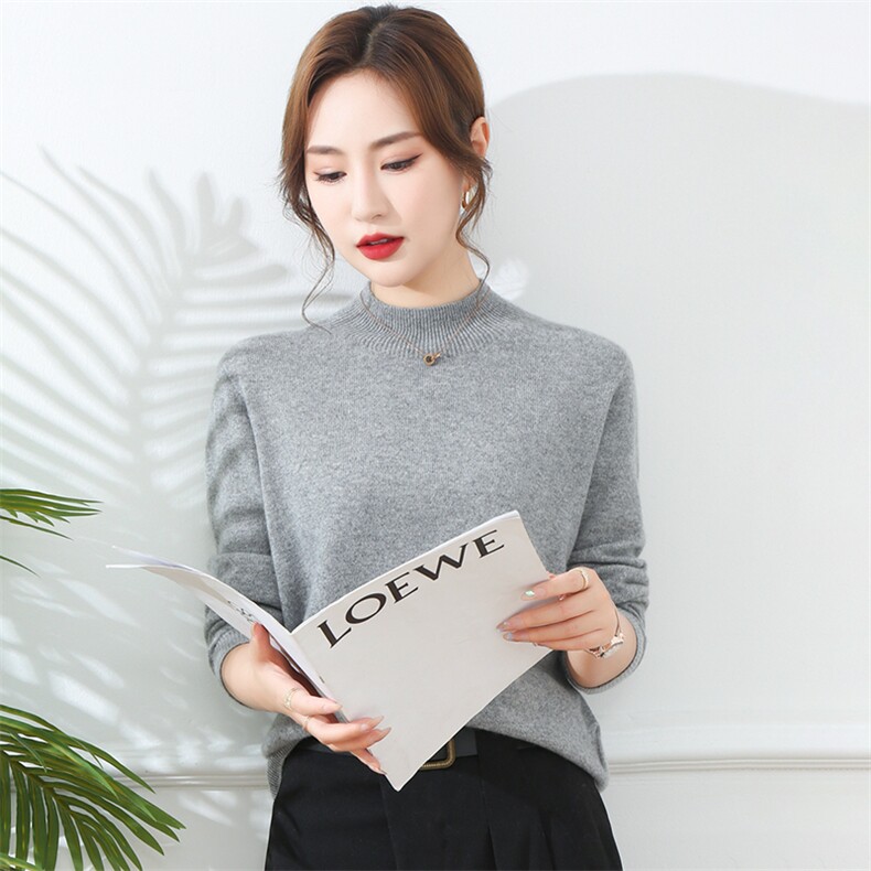 纯色长袖2024年秋季半高圆领时尚修身羊绒针织衫,女装羊绒衫,旭日羊绒