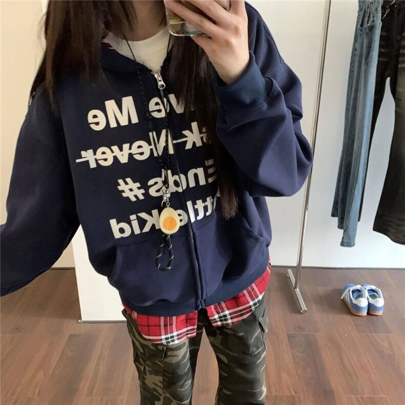 藏青色情侣卫衣男女2024早秋新款假两件开衫红色格子拼接连帽外套,男装卫衣,星座603-2
