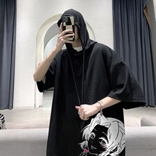 LD54153-P45连帽短袖t恤男大码胖子带帽五分袖中袖大皂风，男装T恤，电商A040