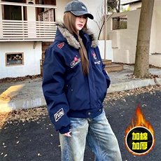 现货高品质美式高街重磅刺绣座山雕大毛毛领棉衣男女加厚棉服外套，男装棉衣，电商A486-1
