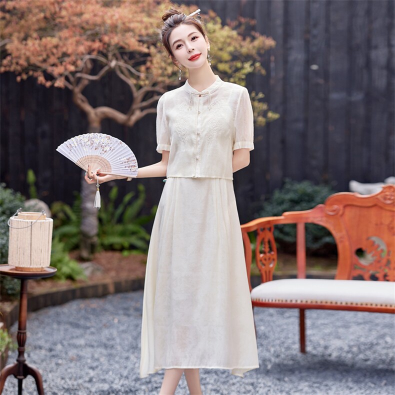 新中式国风改良旗袍套装女2025夏季新款时尚提花吊带连衣裙两件套,女装套装/套裙,慕依路