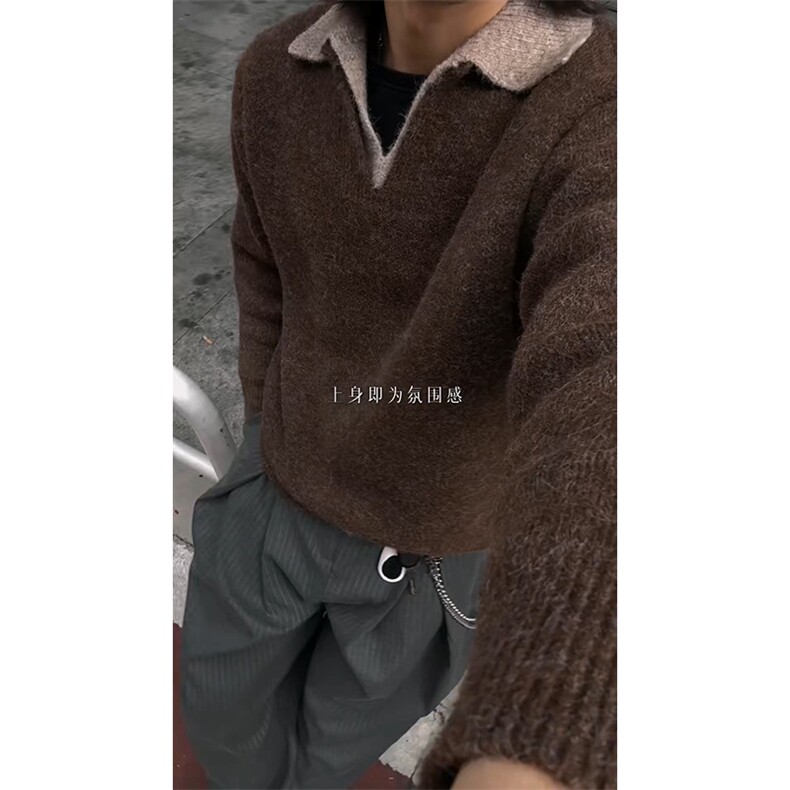 重磅北极绒假两件衬衫领毛衣美式高街复古休闲慵懒纯色翻领针织衫,男装针织衫/毛衣,电商A486-1