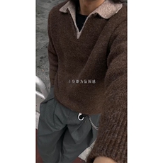 重磅北极绒假两件衬衫领毛衣美式高街复古休闲慵懒纯色翻领针织衫，男装针织衫/毛衣，电商A486-1
