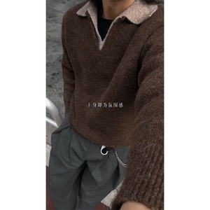 重磅北极绒假两件衬衫领毛衣美式高街复古休闲慵懒纯色翻领针织衫图片