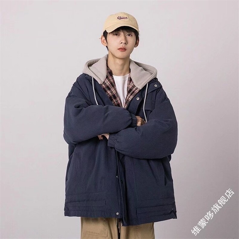 假两件棉衣男冬宽松格子百搭连帽棉服港风帅气棉袄外套MA569P75,男装棉衣,星座1013-5