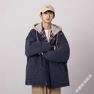 假两件棉衣男冬宽松格子百搭连帽棉服港风帅气棉袄外套MA569 P75图片