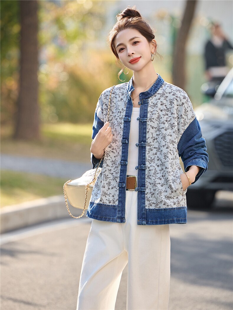 2026年春季复古风牛仔拼接盘扣女外套,女装短外套,橙子家