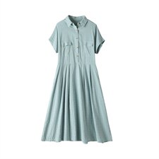 2021年夏季中长款格子套头A字裙妈妈装连衣裙POLO领韩版裙子高腰，女装连衣裙，伊满意