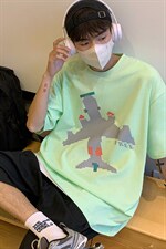 2024新款港风大码情侣装男士T恤宽松飞机印花上衣A071-5521-P28，男装T恤，电商A071