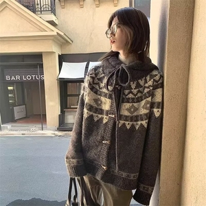 复古费尔岛提花毛衣开衫男女连帽牛角扣外套设计感针织上衣JMY72,秋季穿搭杂志图片图片