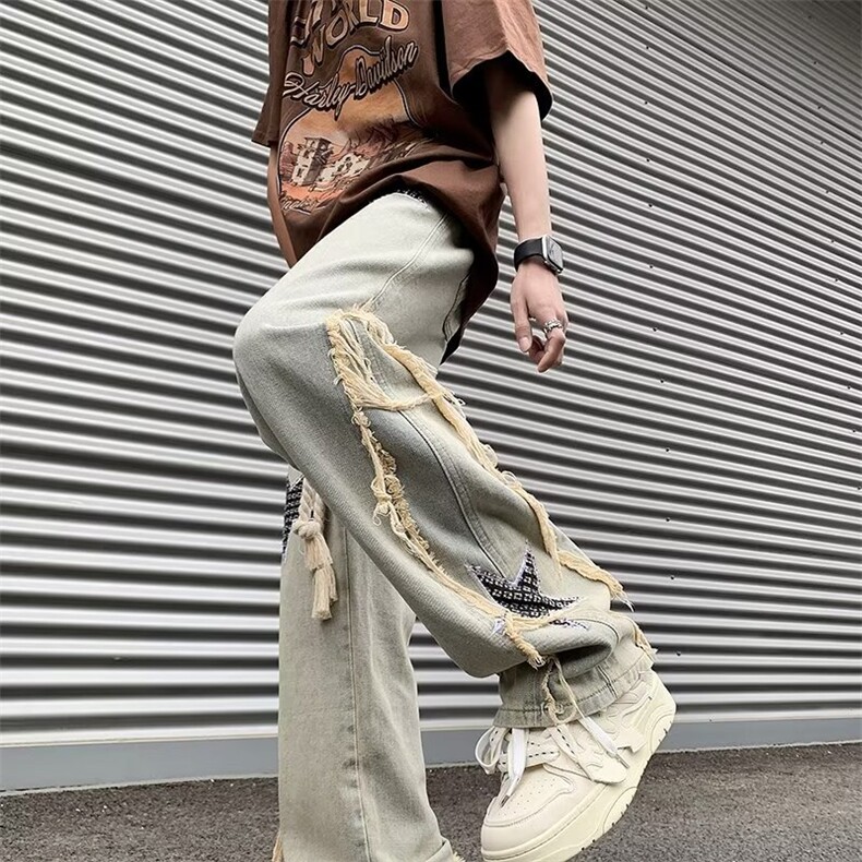星星刺绣做旧牛仔裤男款春秋季美式高街设计感宽松阔腿休闲长裤子图片