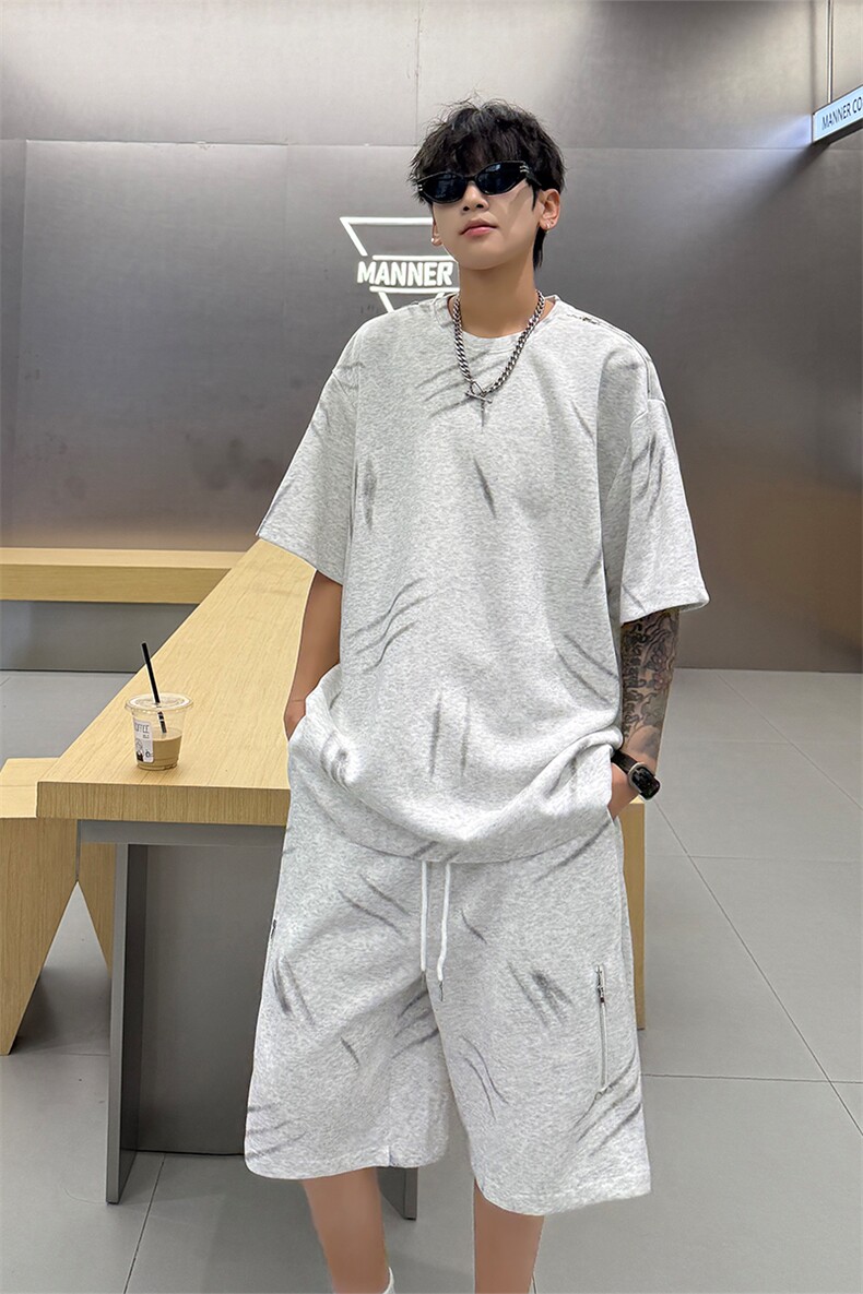 高品质猫爪布美式机车拉链套装夏季新款设计短袖短裤套装特P70,男装牛仔裤,电商B319