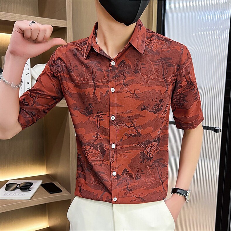 507A-CS535-P48 夏季时尚风时尚男士七分袖花衬衣图片