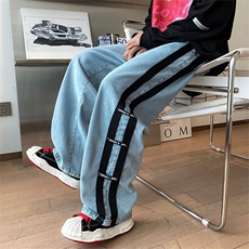 条纹拼接牛仔裤男女新款美式高街ins潮牌直筒宽松阔腿休闲长裤子，男装牛仔裤，星座601-2
