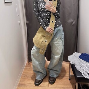痞帅水洗复古浅蓝色牛仔裤男直筒宽松高街阔腿裤子NZA633图片