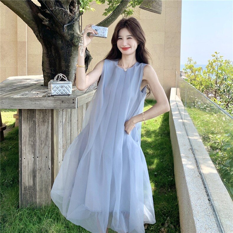 新款主推夏季欧根纱无袖显瘦复古仙女连衣裙2247-P140-K219,女装连衣裙,网红馆