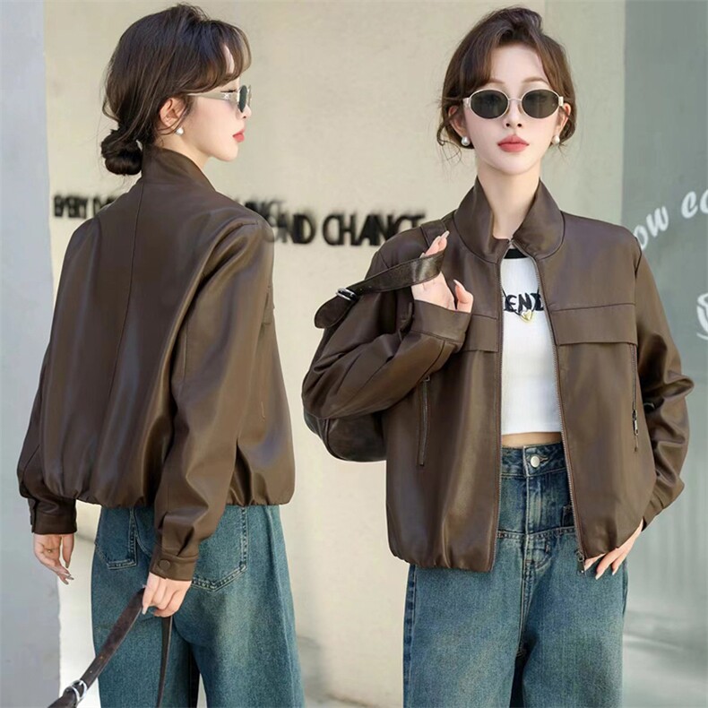 2024春秋款仿绵羊皮中古机车皮夹克立领仿真皮皮衣宽松短款外套女，女装皮衣，美拉德工厂直营店