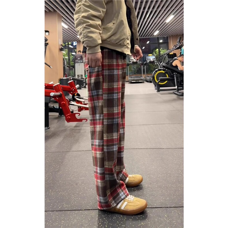 美式复古红色格子裤男女运动健身撸铁裤子垂坠感卫裤WLCK133-P43,男装休闲裤,星座1008