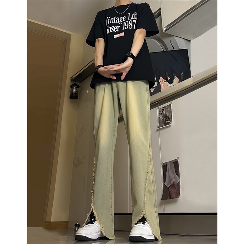 现货24春夏黄泥开叉毛边宽松牛仔裤设计感微喇休闲裤男K5803-P55,男装牛仔裤,星座205