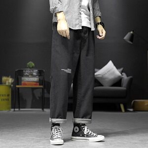 2021春秋季新大码男日系沙发墙字母印花直筒阔腿裤牛仔裤N8027-P50图片