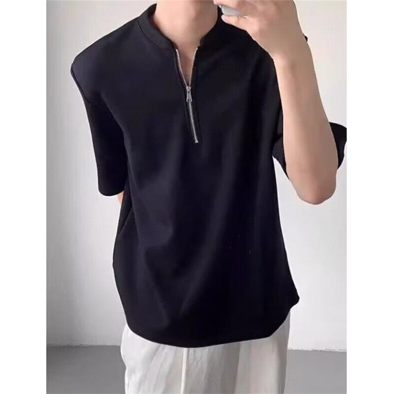 夏季日系薄款拉链爽滑肌理感短袖t恤男生宽松休闲纯色外穿TE61,男装T恤,星座1116A（原606A-3）