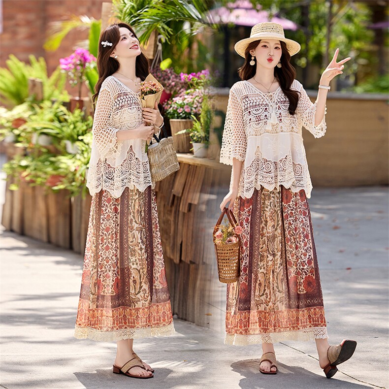 镂空防晒罩衫+波西米亚度假风印花蕾丝拼接雪纺吊带裙肩带可调节，女装套装/套裙，采品优优