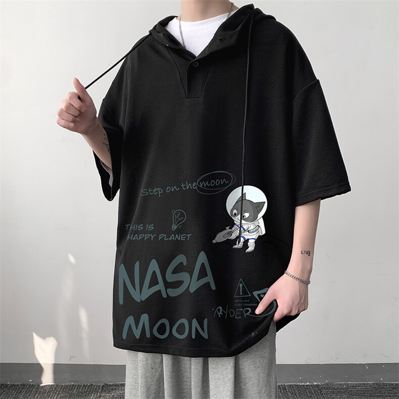 LD54187-P45NASA联名同款连帽短袖t恤男大码胖子带帽五分袖大皂风,男装T恤,电商A040