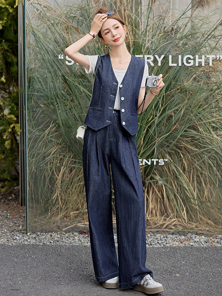 欧货时尚牛仔套装女高级感2025春夏新款气质显瘦马甲阔腿长两件套,女装套装/套裙,衣之秀