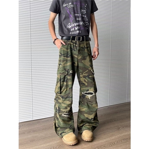 迷彩多口袋破洞工装裤美式复古潮牌裤子男直筒裤J7627 P59图片