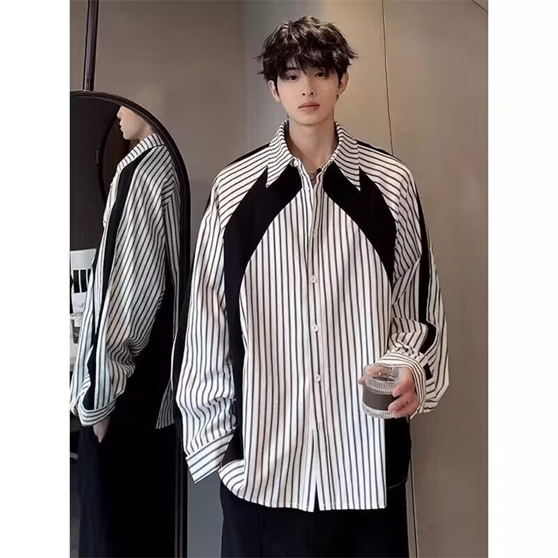 2025美式条纹拼接衬衫男宽松廓形休闲百搭情侣款衬衣上衣CSX821,男装衬衫,星座516A