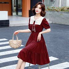 2021新夏季新款气质短袖仿真丝裙子韩版修身显瘦优雅纯色连衣裙女，女装连衣裙，尚洛菲