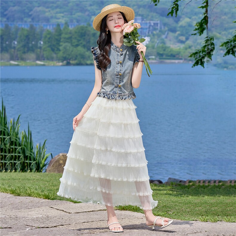 （新款现货）2026夏装时尚薄牛仔小飞袖上衣+蛋糕超仙纱裙两件套,女装套装/套裙,印象茜