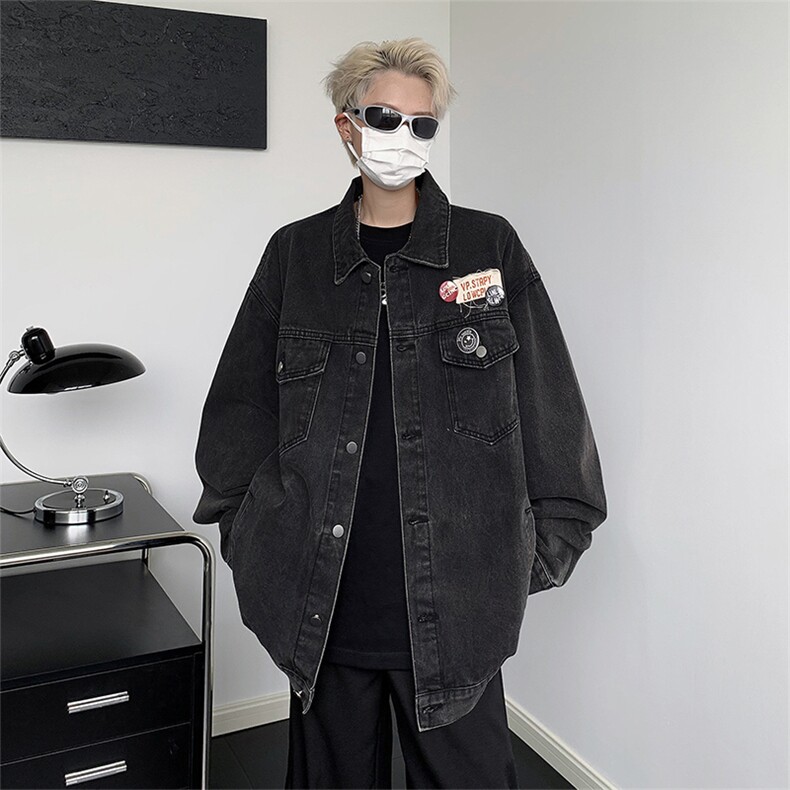 春秋新款徽章牛仔外套男潮牌美式街头青年休闲夹克上衣J8323-P63图片